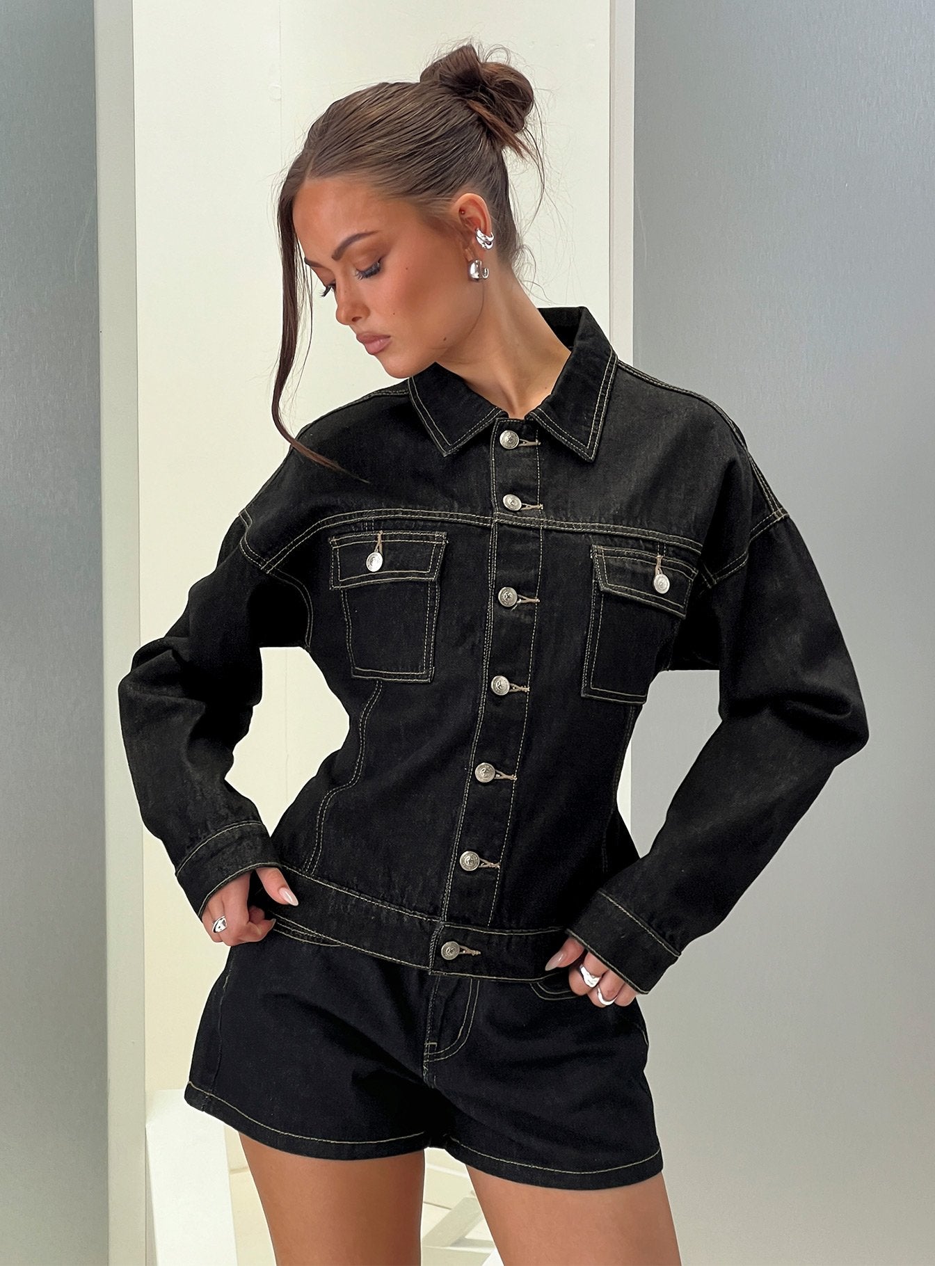 Caresse Cinched Denim Jacket Raw Denim | Princess Polly