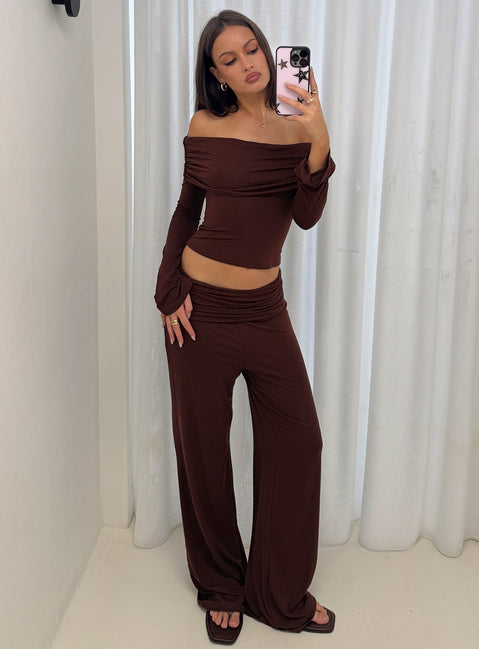 front view of model wearing Princess Polly Fawne Ruched Folded Pants Brown Mid Rise Pants 