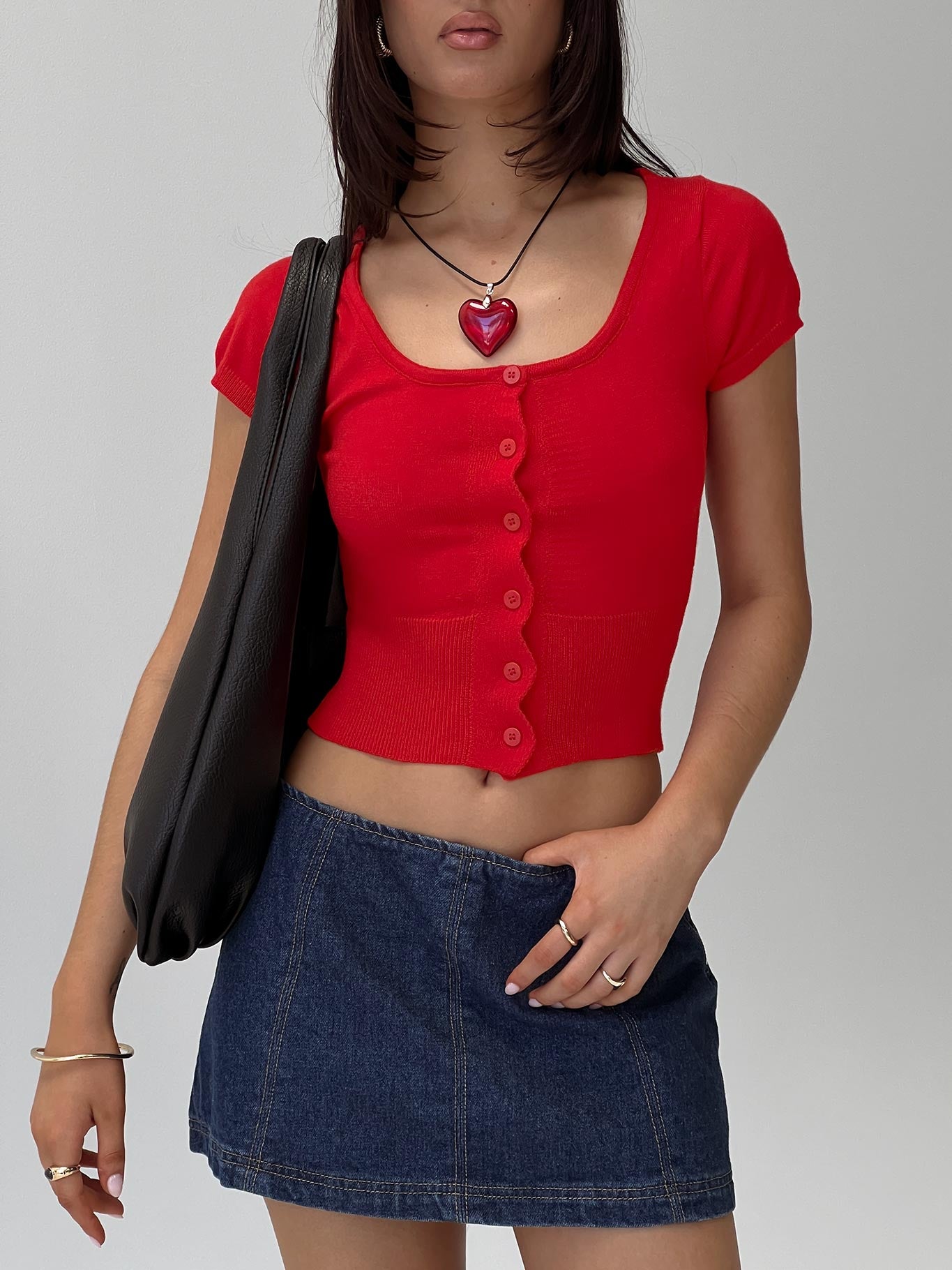 front view of model wearing Princess Polly Pretty Sweet Button Up Top Red Short Sleeves Scoop Neck 