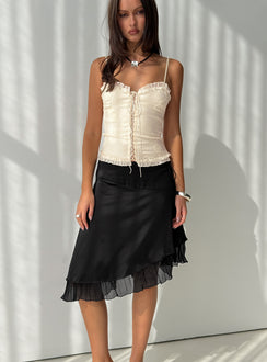   front view of model wearing Princess Polly Rosemead Satin Midi Skirt Black Midi Skirts 