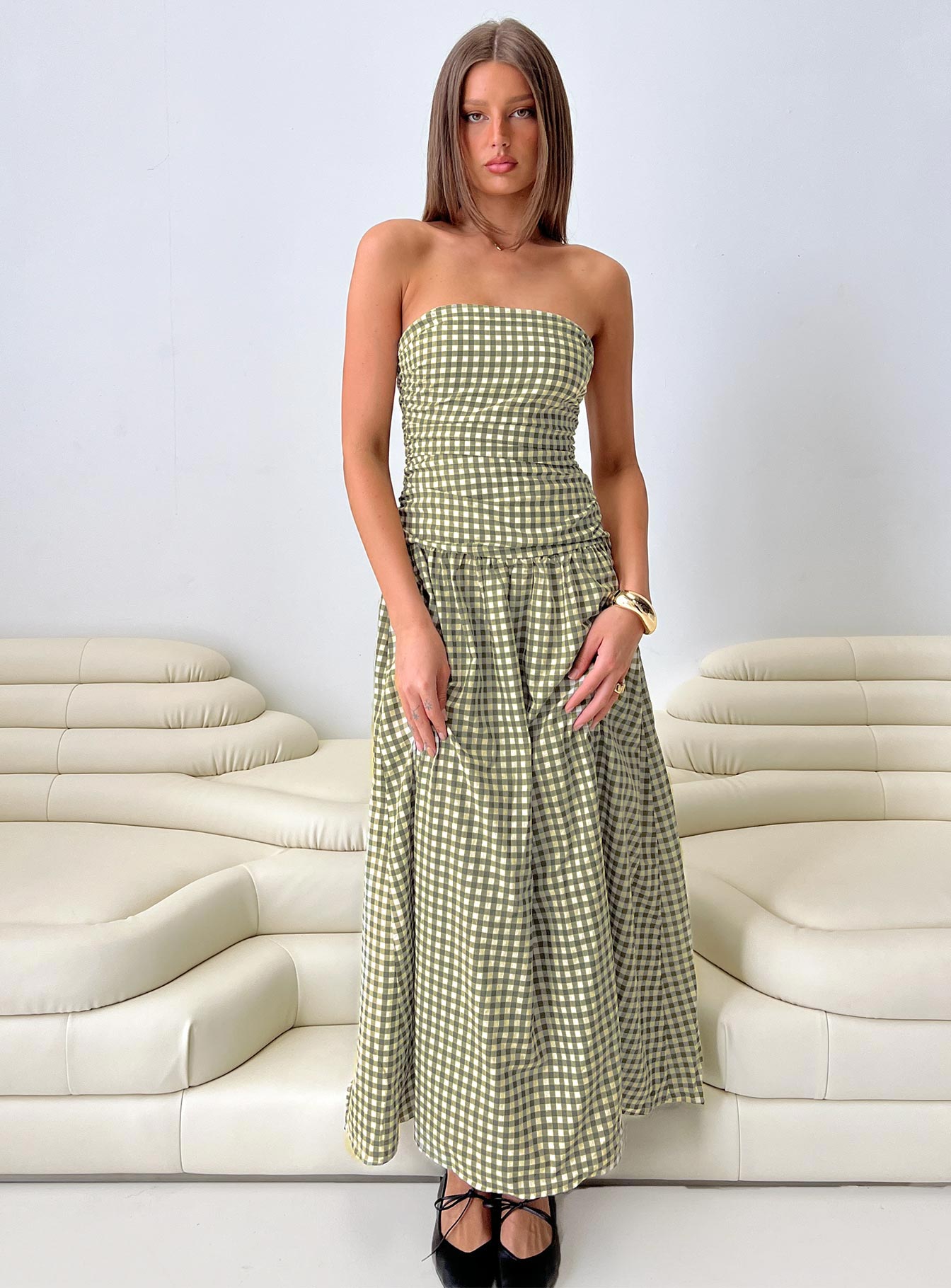 Frankey Strapless Drop Waist Maxi Dress | Green check | Womens | Princess Polly Frankey Strapless Drop Waist Maxi Dress | Green check | Womens | Princess Polly