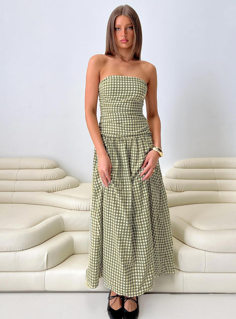 Frankey Strapless Drop Waist Maxi Dress | Green check | Womens | Princess Polly Frankey Strapless Drop Waist Maxi Dress | Green check | Womens | Princess Polly