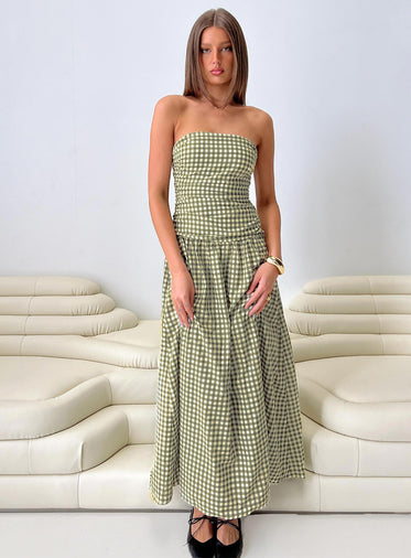 Frankey Strapless Drop Waist Maxi Dress Green Check