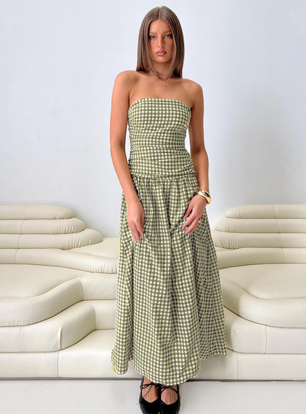 Frankey Strapless Drop Waist Maxi Dress | Green check | Womens