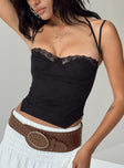 Corset top Anglaise material  Lace trimming  Adjustable shoulder straps  Tie up halter neck  Wired cups 