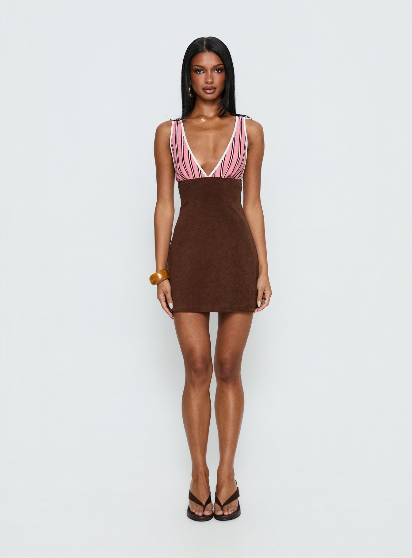 Aydenn Contrast Plunge Mini Dress Pink / Brown | Princess Polly