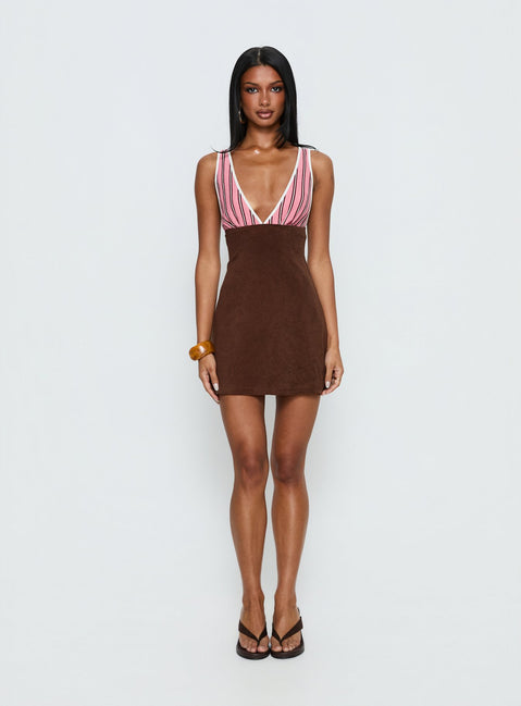 Aydenn Contrast Plunge Mini Dress Pink / Brown