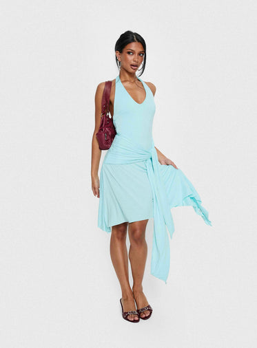 emerald green one shoulder prom dress Multi Blue Leafy Floral Mimi Midi Dress