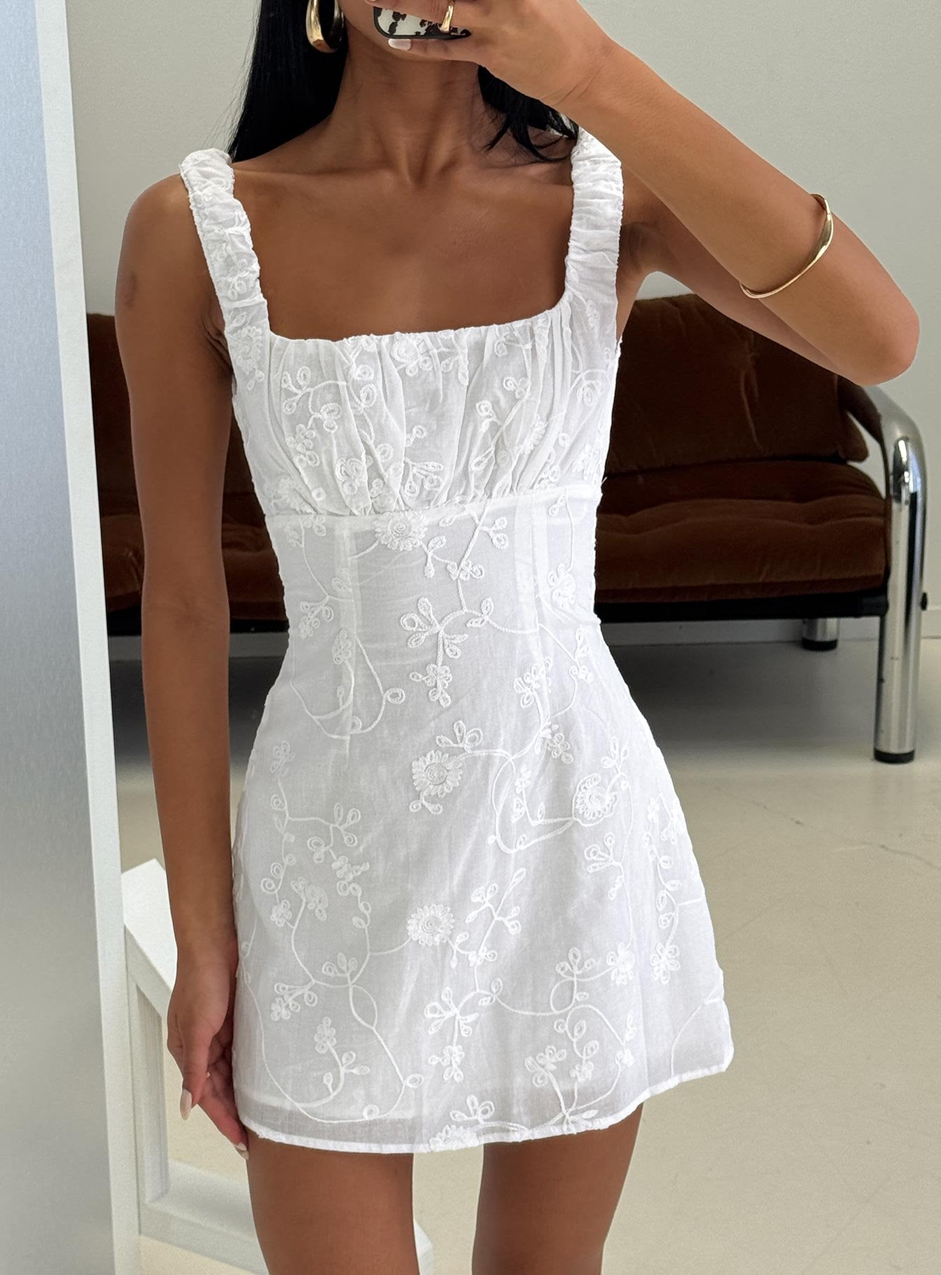 Donnamarie Embroidered Mini Dress White | Princess Polly