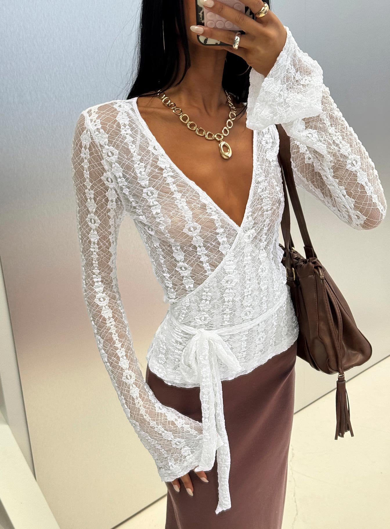 Melara Lace Long Sleeve Wrap Top | White | Womens Melara Lace Long Sleeve Wrap Top | White | Womens