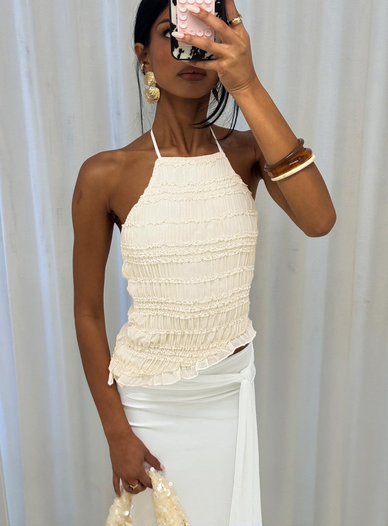 Stairway To Heaven Shirred Asymmetrical Halter Top Cream