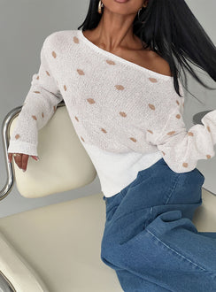 front view of model wearing Princess Polly Harvy Off Shoulder Knit Sweater White Polka regular 