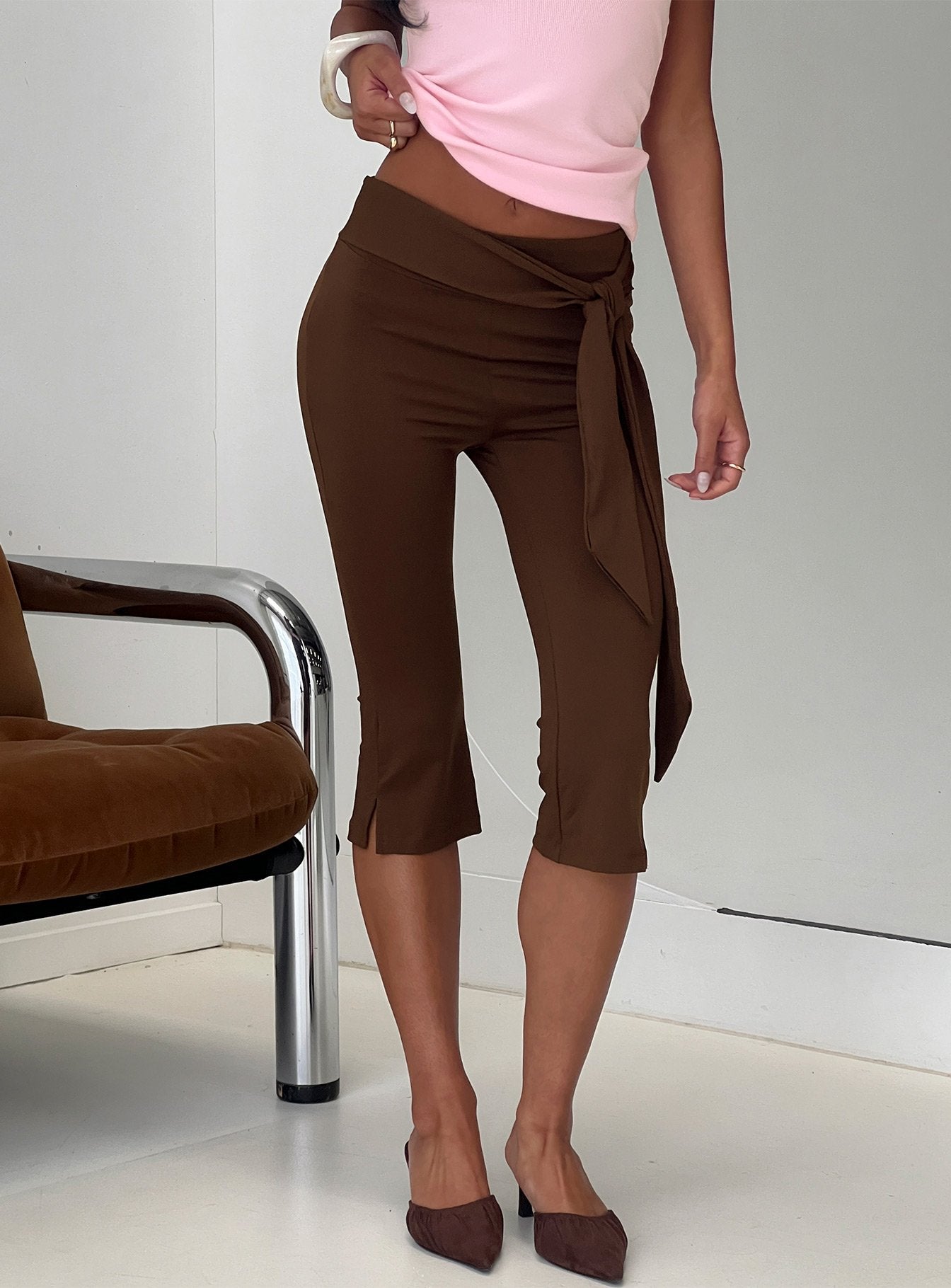 Lizana Tie Side Capri Pants Brown | Princess Polly