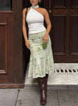   front view of model wearing Princess Polly Lewish Low Rise Midi Skirt Green Floral Midi Skirts 