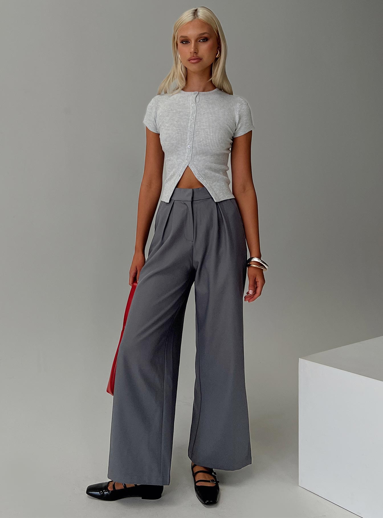 front view of model wearing Princess Polly Relaxed Pants Charcoal High Waisted Pants 