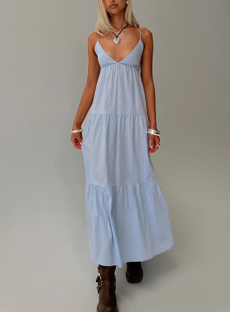 Maxi dress V-neckline, adjustable shoulder straps with tie fastening, invisible zip fastening at side, tiered design Non-stretch material, fully lined