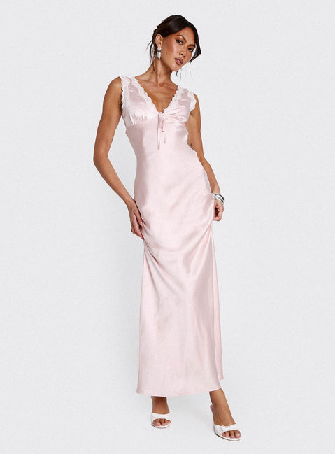 pink lace silk dress Shanae Pink Satin Lace Trim Maxi Dress - US 10