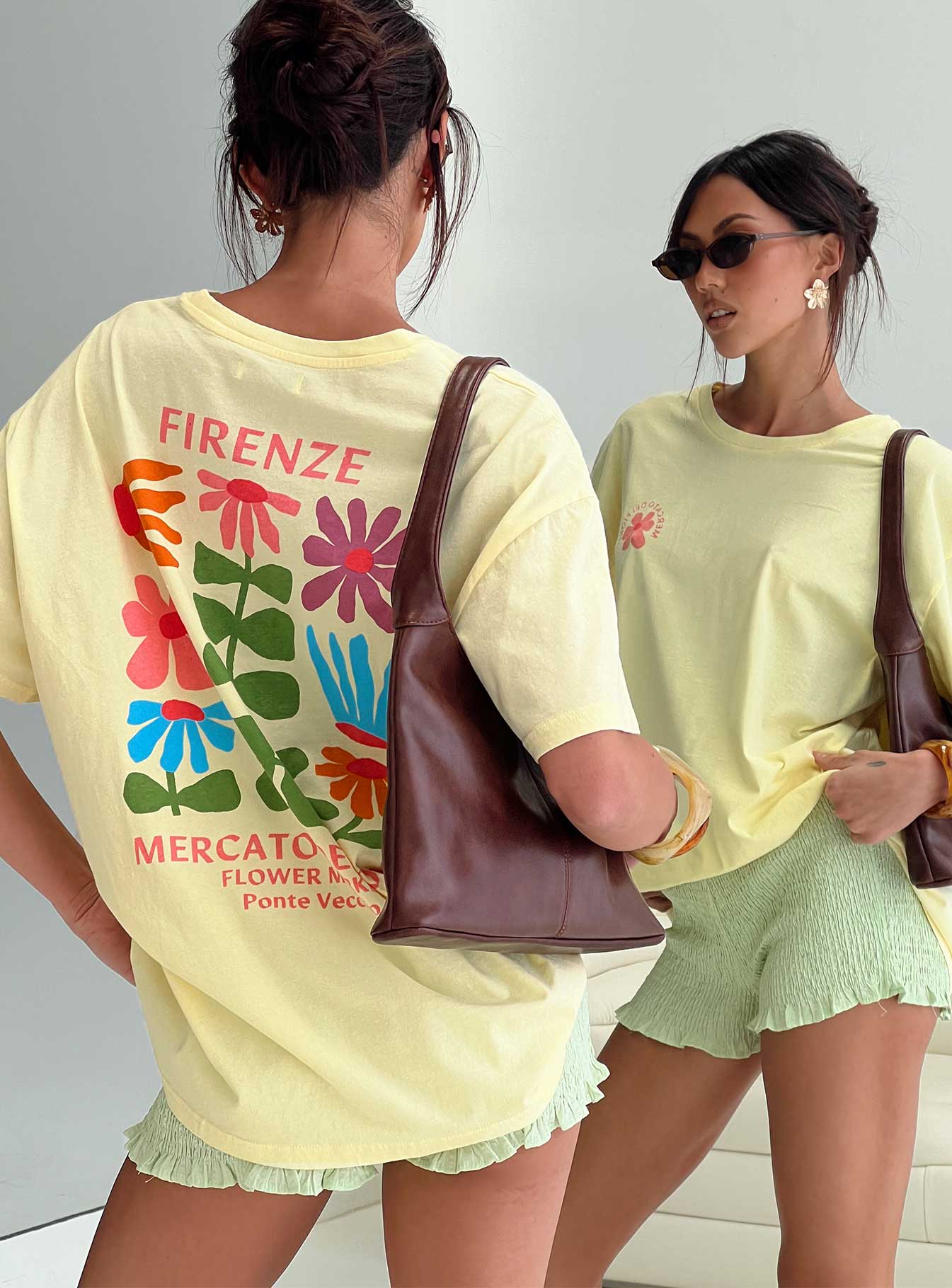 back view of model wearing Princess Polly Firenze Flower Market Graphic Top Yellow Half Sleeves Crew Neck 