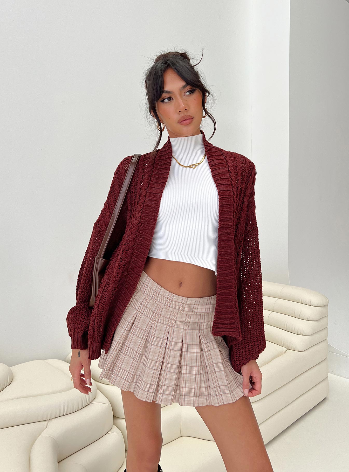 Abner Cable Cardigan Burgundy Princess Polly  Cropped 