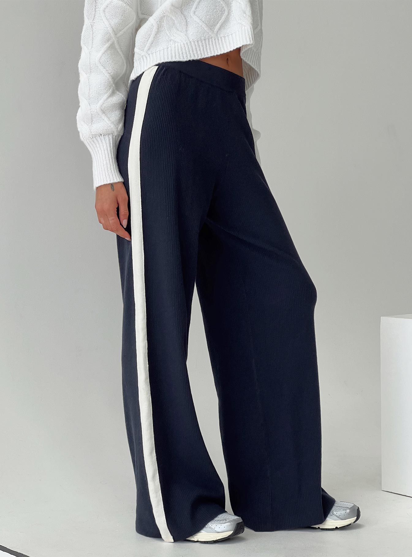 front view of model wearing Princess Polly Albright Pants Navy / Milk Mid Rise 