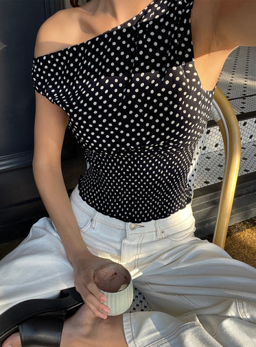 Ready To Party Off Shoulder Top Black Polka