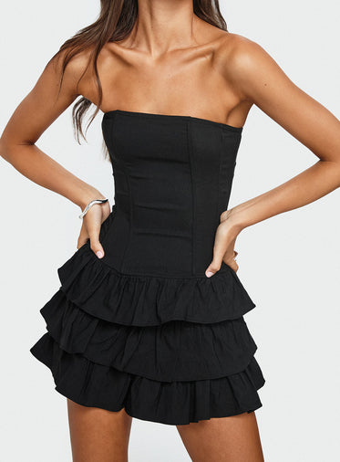 Valentia Tiered Mini Dress Black