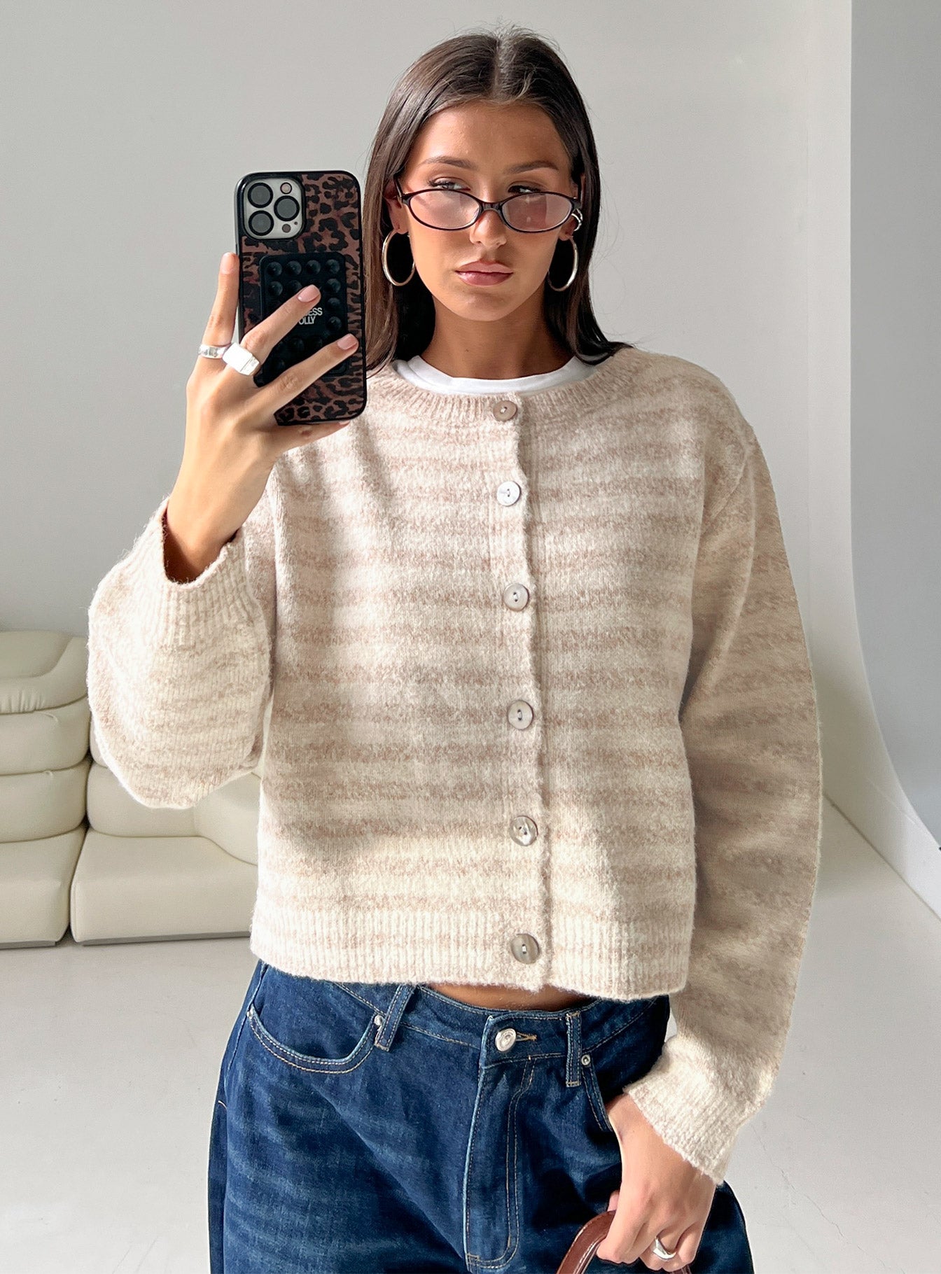 Raynna Button Up Cardigan Beige Stripe | Princess Polly