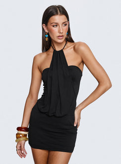 Slip Away Draped Halter Mini Dress | Black | Womens | Princess Polly Lower Impact Slip Away Draped Halter Mini Dress | Black | Womens | Princess Polly Lower Impact