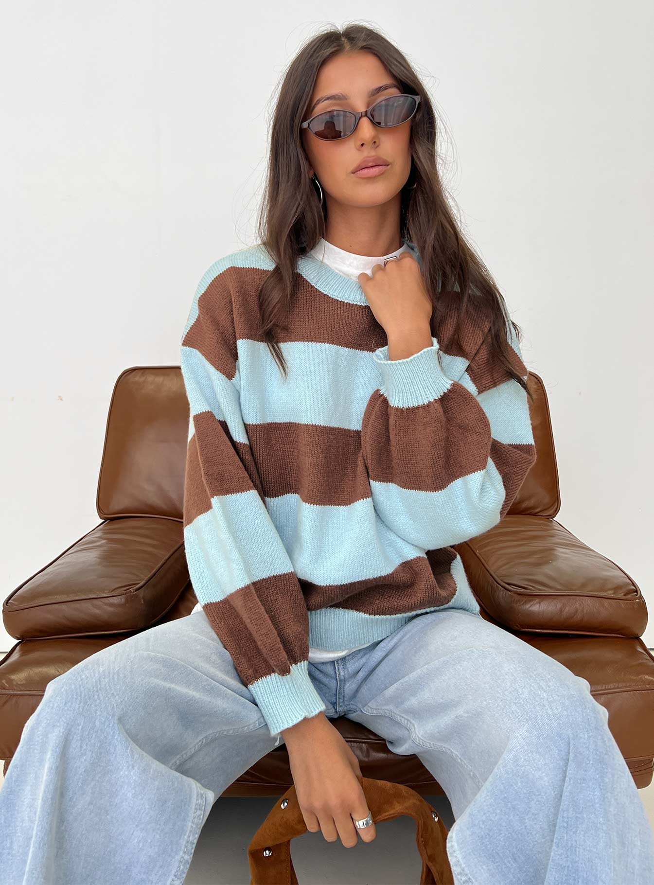 side view of model wearing Princess Polly Ardentia Crew Neck Knit Sweater Aqua Stripe Longline Jumpers 