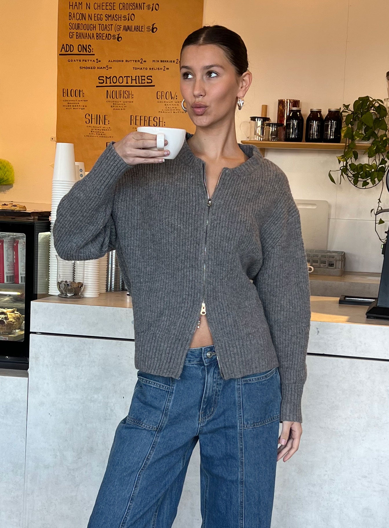 Lexene Zip Through Jumper Grey | Princess Polly