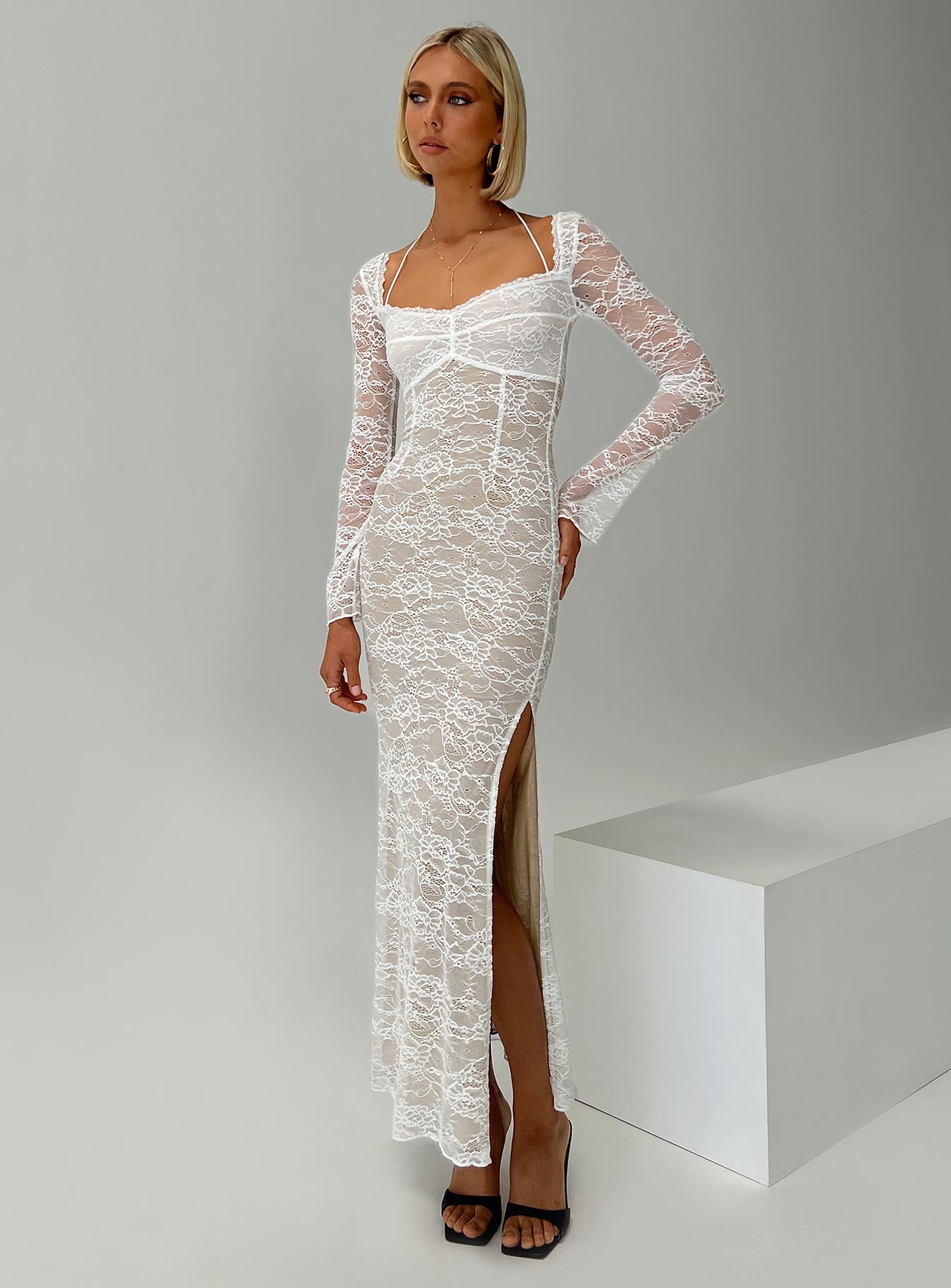 side view of model wearing Princess Polly Aubriella Lace Maxi Dress Cream Sweetheart Neckline 