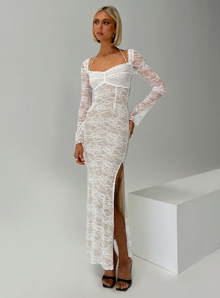 Long sleeve lace maxi dress Pinched bust detail, halter neck tie fastening, sheer sleeves,&nbsp;high slit in hem