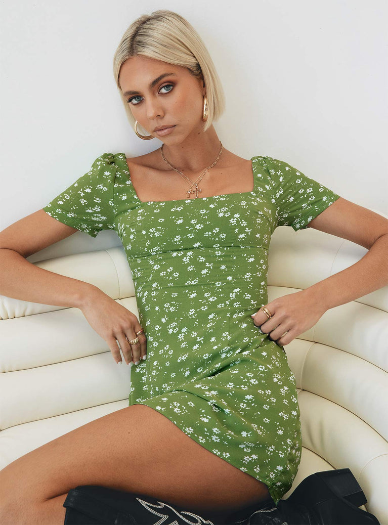 Hastings Mini Dress Olive Green Floral