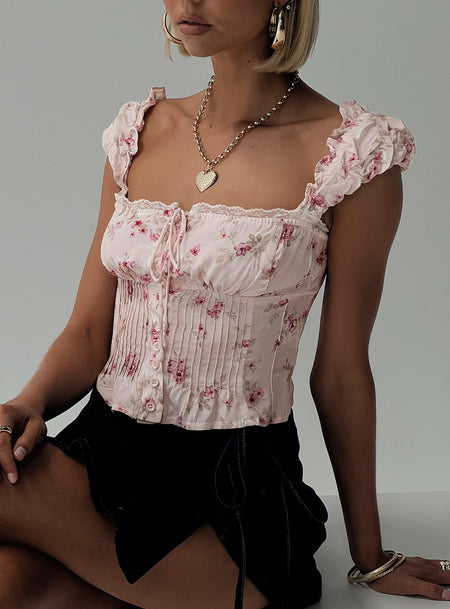 Pink top Fixed shoulder straps, button fastening at front, tie details along bust, pleated fabric under bust, lace trim