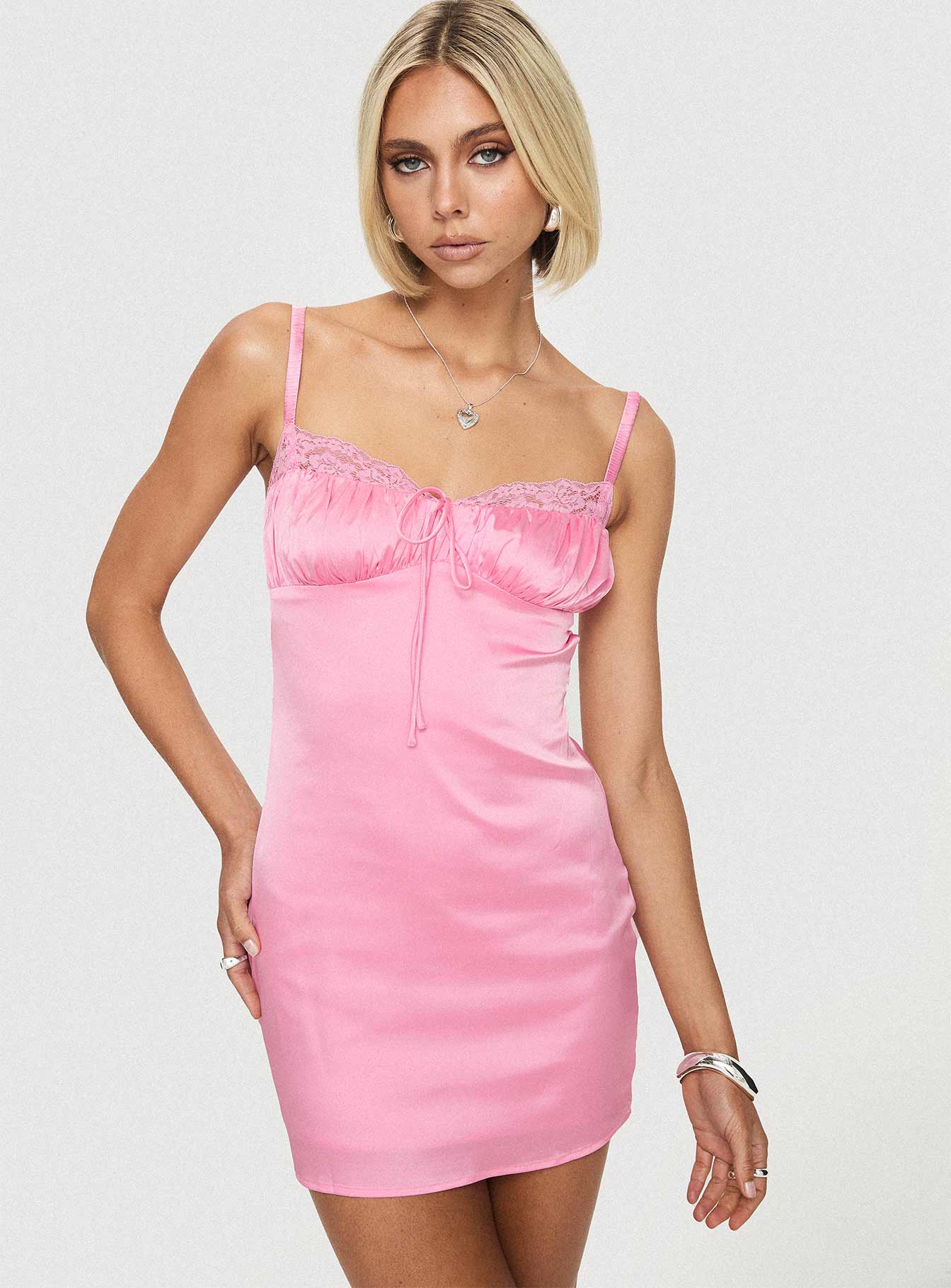 front view of model wearing Princess Polly Lullaby Mini Dress Pink Sweetheart Neckline 