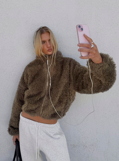 Jordynn Fleece Zip Through Jacket Brown