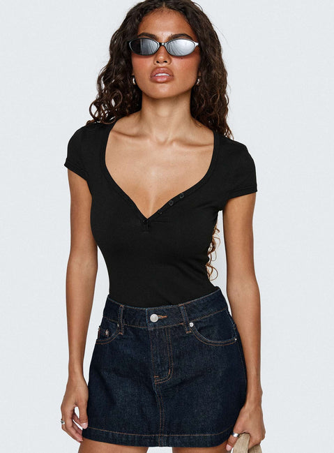 front view of model wearing Princess Polly Laretta Button Up Bodysuit Black Short Sleeve 