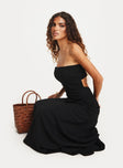 side view of model wearing Princess Polly Yahir Strapless Maxi Dress Black Straight Neck 