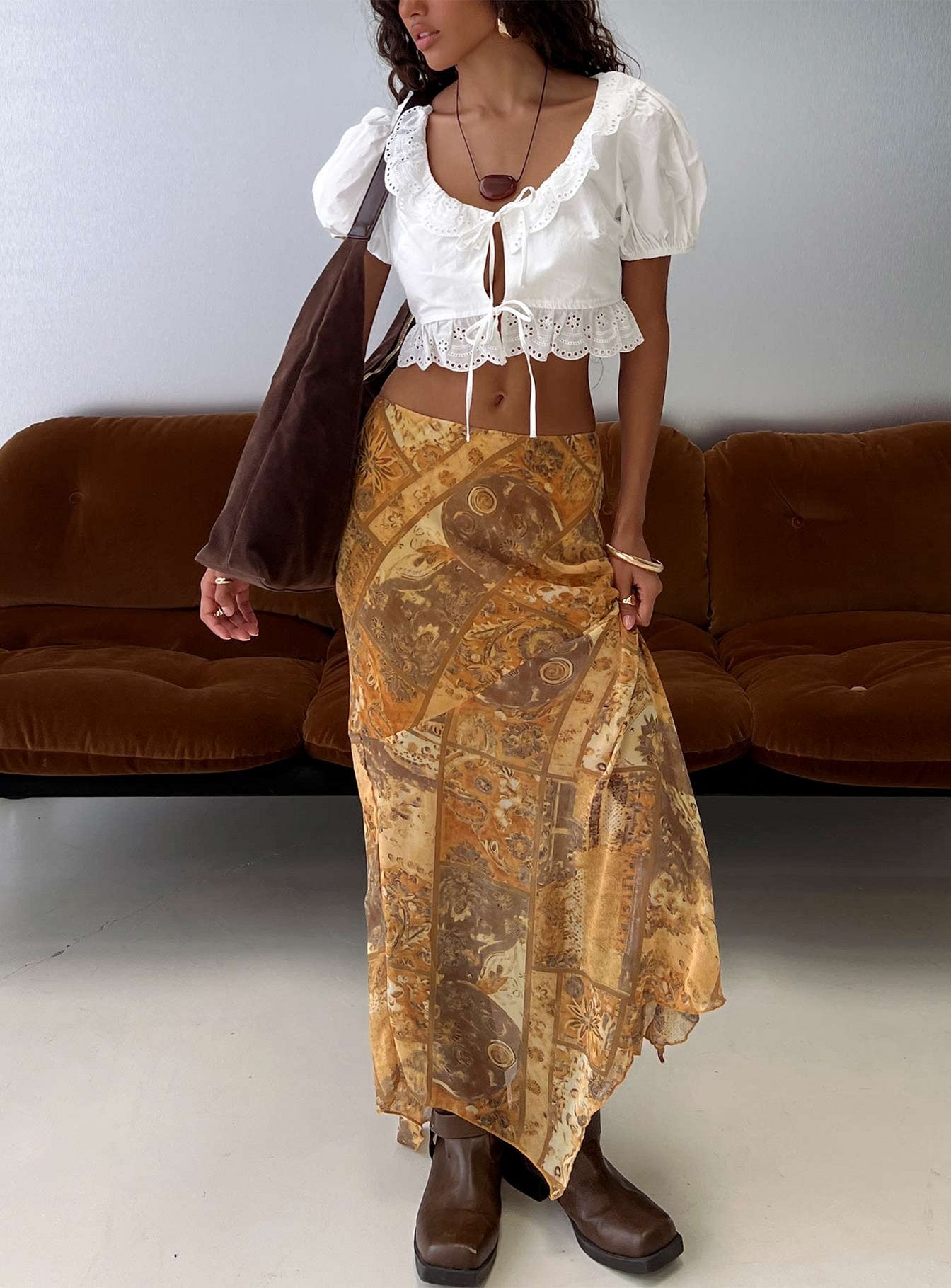   front view of model wearing Princess Polly Lyanna Hanky Hem Maxi Skirt Multi Maxi Skirts 
