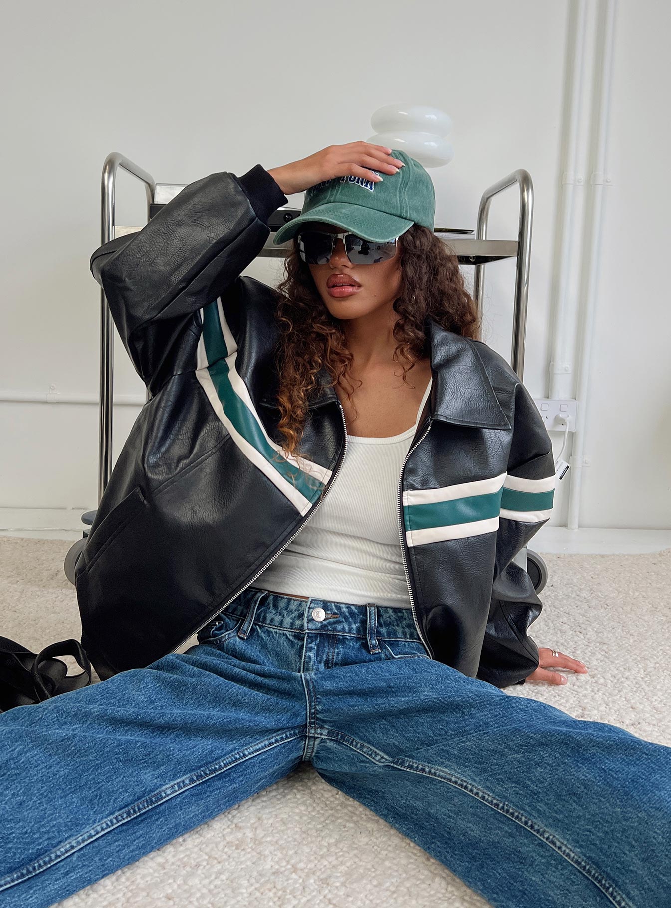 black leather jacket green backpack Goldsmith Faux Leather Bomber Jacket Black / Green