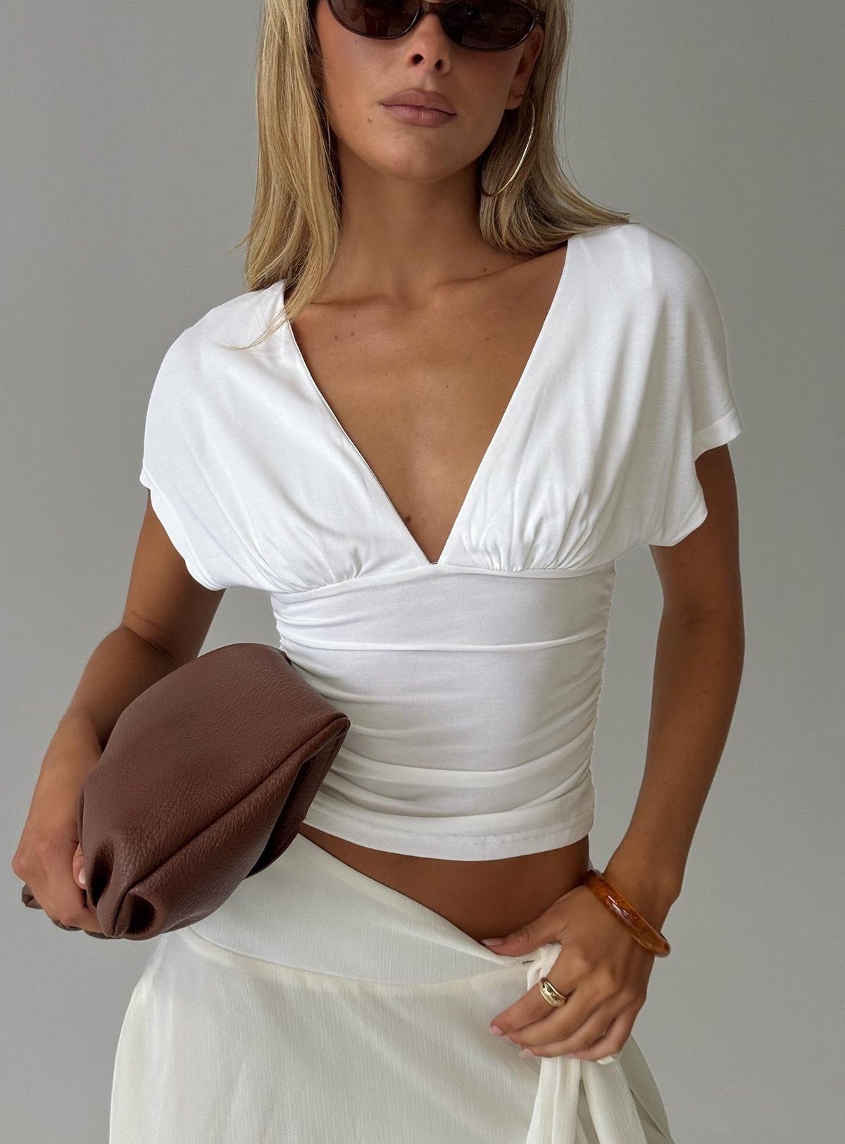 V Top Accessory Mattey Cinched V Neck Top White | Princess Polly