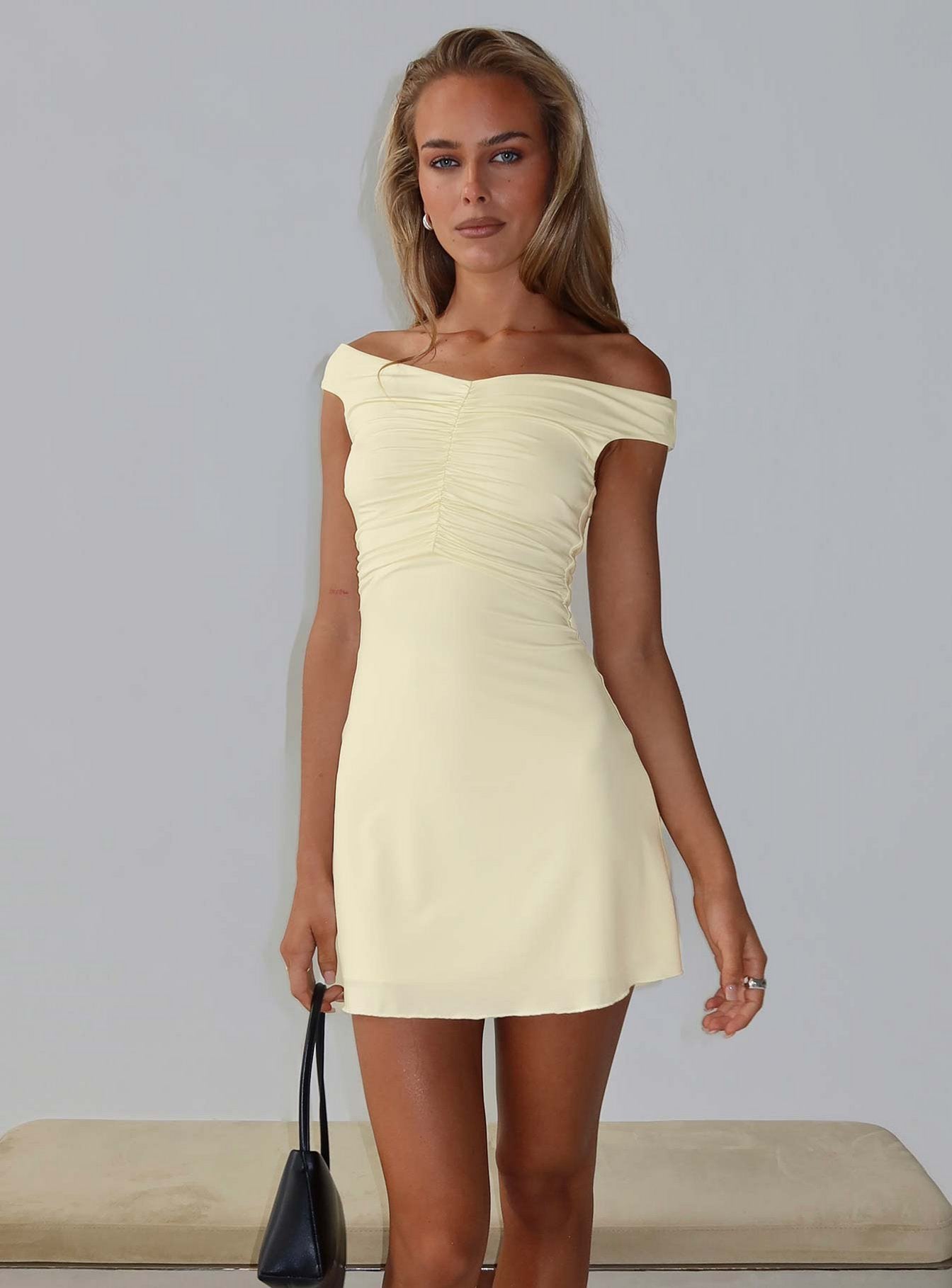 off shoulder ruched mini dress boohoo Women's Flared Sleeve Off-The Shoulder Ruched Mini Dress in Chocolate | Size: 10