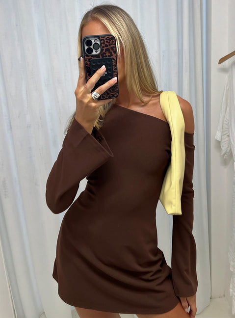 Adrietta Long Sleeve Off Shoulder Mini Dress Brown Petite
