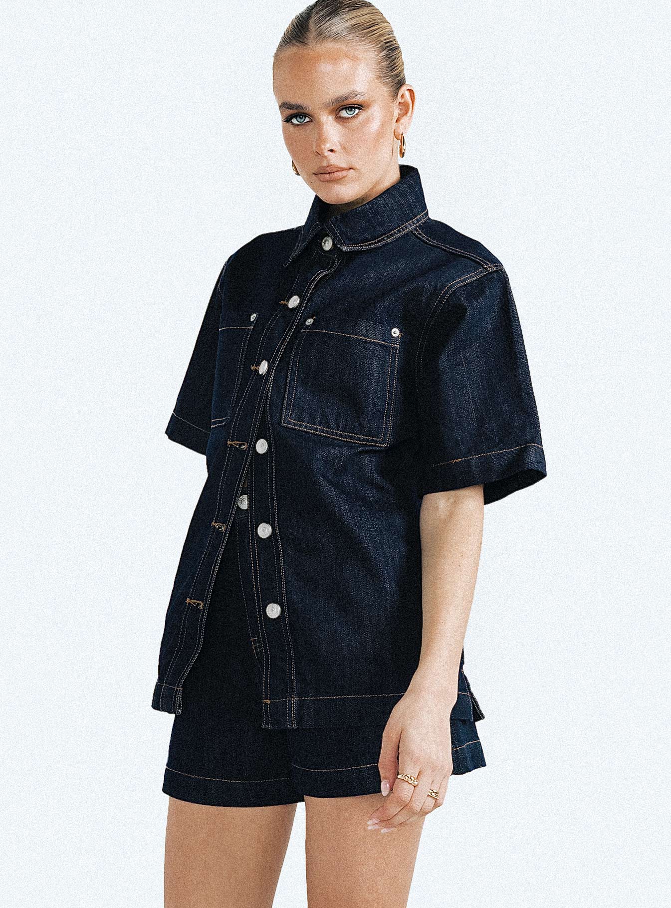 Whitaker short sleeve shacket dark denim