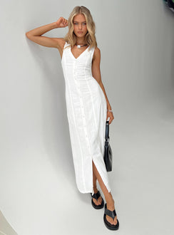 front view of model wearing Princess Polly Summer Season Linen Blend Maxi Dress White Petite V-Neck 