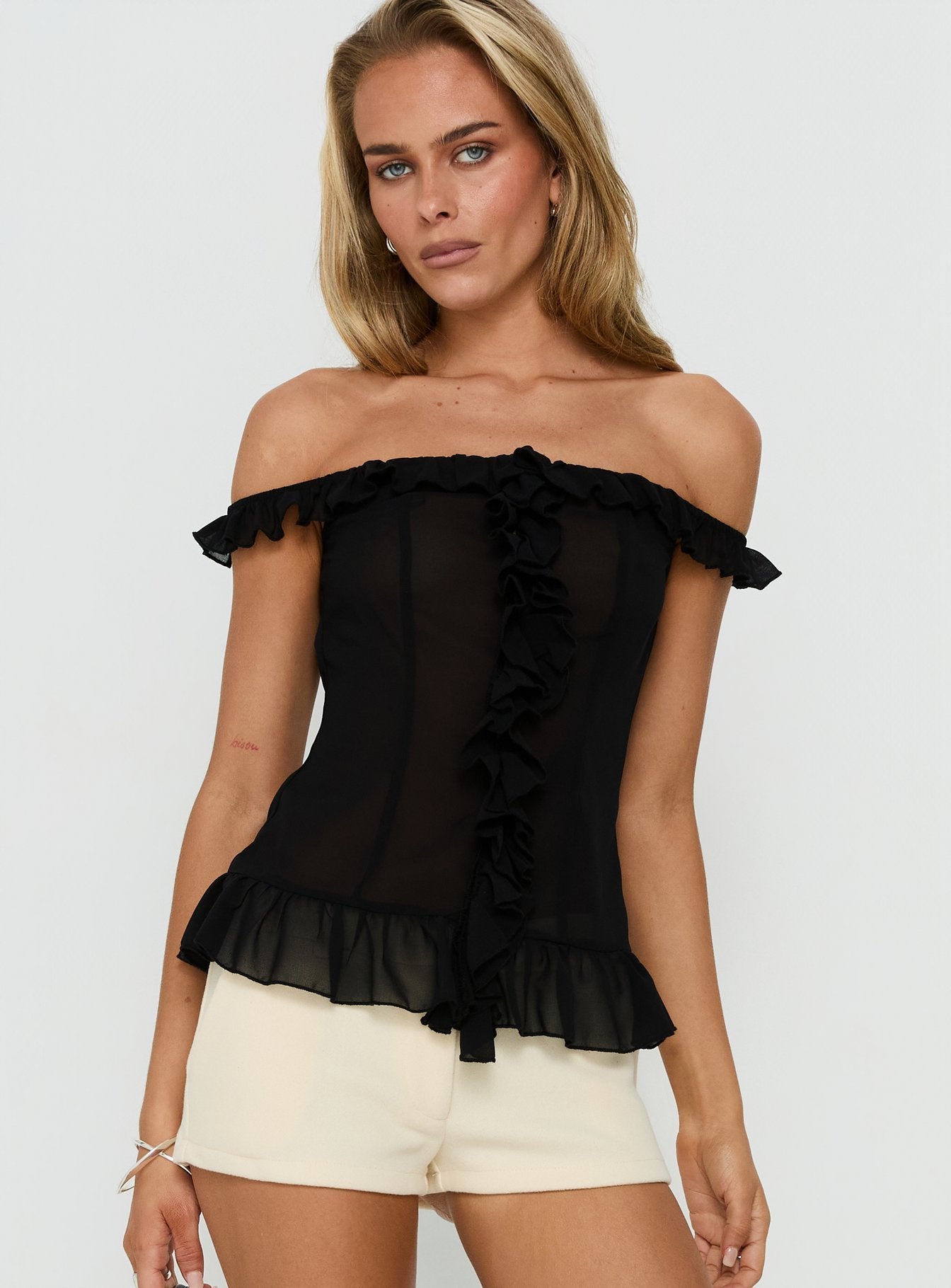 Nivelle Frill Detail Off Shoulder Top Black | Princess Polly