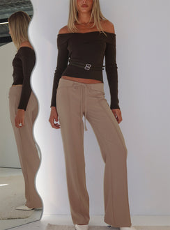 front view of model wearing Princess Polly Narratives Wrap Tie Trouser Pant Taupe Mid Rise Pants 