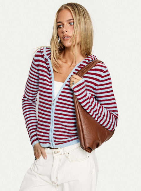 front view of model wearing Princess Polly Superstars Zip Through Hoodie Blue / Red Stripe cropped 