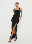 side view of model wearing Princess Polly Bombshell Maxi Dress Black Tall Square Neck 