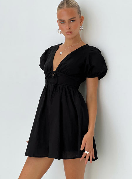 V neck mini dress Tie fastening at front, puff sleeves, invisible zip fastening at back  Non-stretch, partially lined  